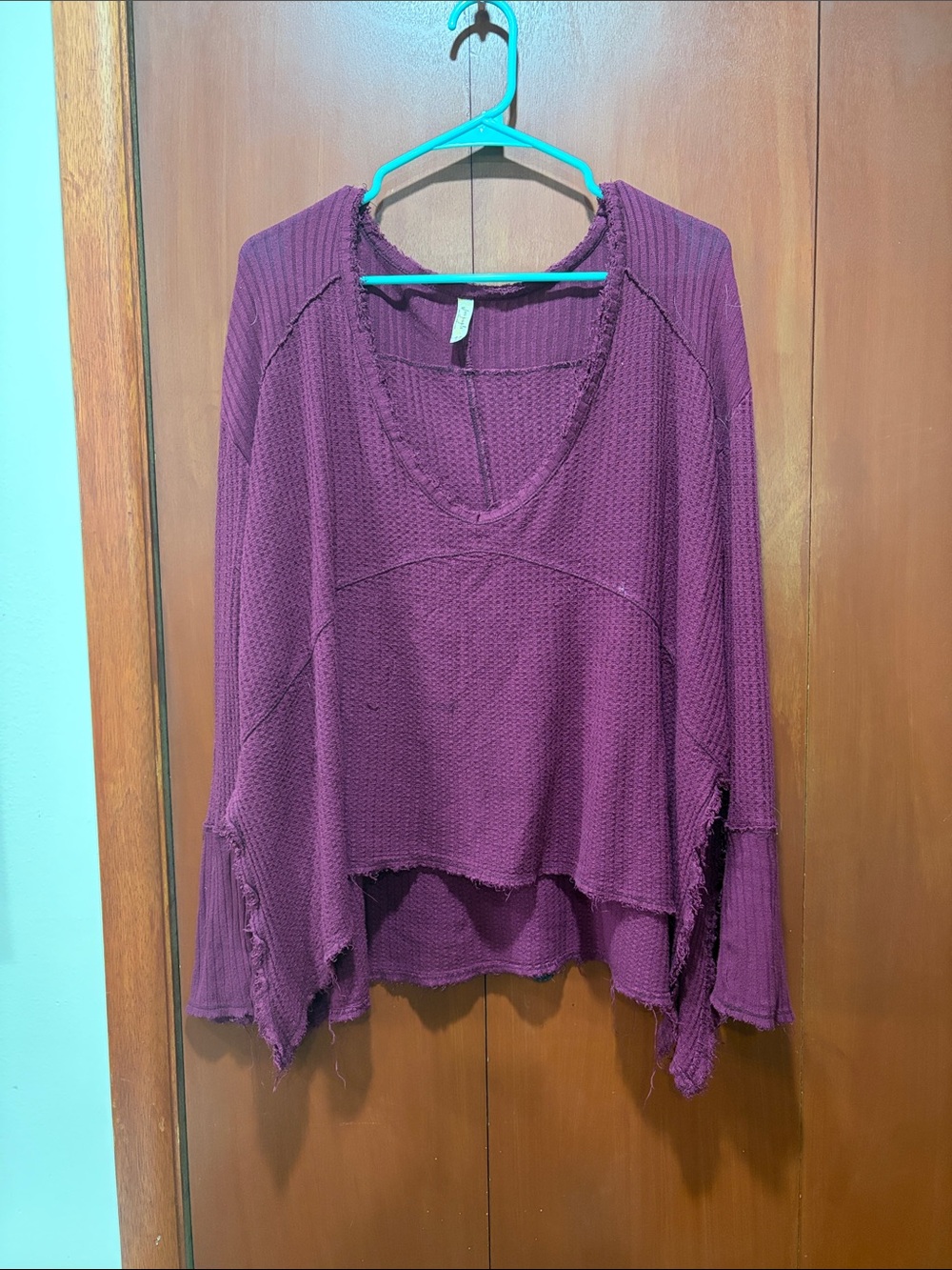 Free People Oversized Long Sleeve Waffle Knit Top in Burgundy